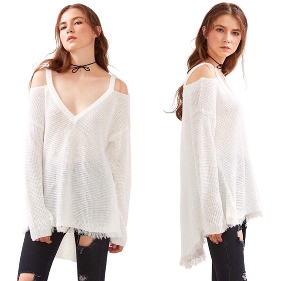 High Low Cold Shoulder Fringe Trim Waffle Knit Sweater Snow White - Picture 1 of 7